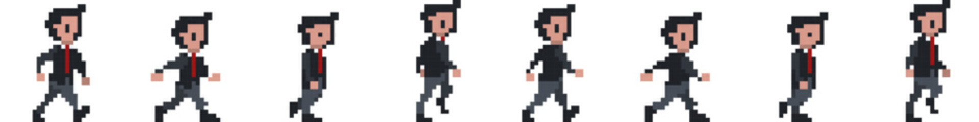 Walk Cycle animation frames. Male businessperson character. 8 bit pixel art vector illustration isolated on white background.