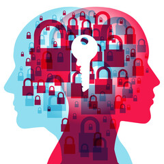 2 people&rsquo;s side silhouettes overlaid with various-sized semi-transparent padlocks. Overlaid centrally is a large white &ldquo;key&rdquo; representing the answer.