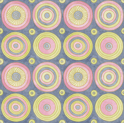 Naklejka premium Hand drawn watercolor painting geometric seamless pattern. Colorful circles with gold contour on textured gray background. Template for design, textile, wallpaper, carpet, ceramics.