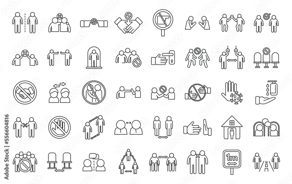Poster avoid contact icons set outline vector. touch handle. door surface