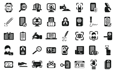 Handwriting identification icons set simple vector. Access approve. Biometric finger