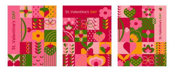 Fototapeta na wymiar poster for valentine's day in a minimalistic style with geometric shapes in red, green, pink colors. Advertising banner, template, postcard