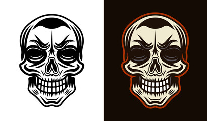 Skull vector character illustration in two styles black on white and colorful on dark background
