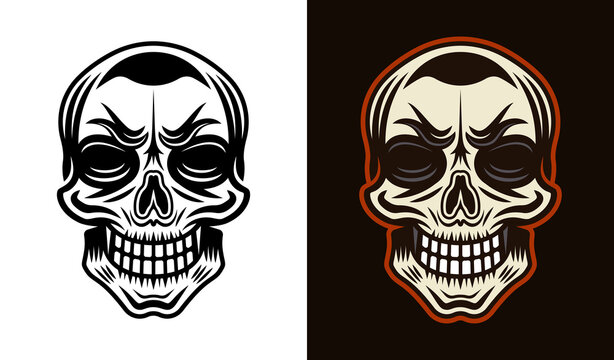 Skull vector character illustration in two styles black on white and colorful on dark background