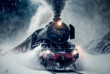 A vintage steam train travelin during a blizzard