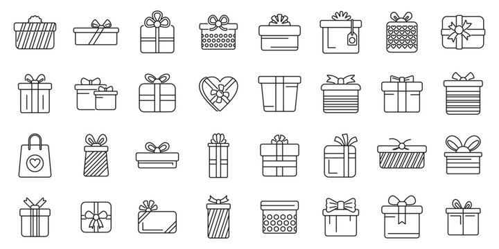 Birthday gift icons set outline vector. Present box. Card bow