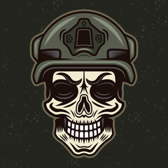 Skull of soldier in protective helmet vector illustration in vintage colorful style on dark background