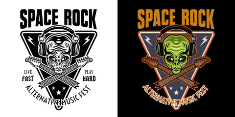 Rock music festival vector emblem, label, badge or logo with alien head and crossed broken guitar necks. Two styles black on white and colorful on dark background