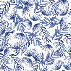 Fototapeta premium Seamless Repeat Monotone Watercolor Tropical Floral Textile Pattern Print Palm Leaves Floral Indigo Blue