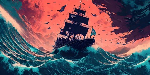 Artistic abstract painting of pirate ship in storm, digital art illustration, wallpaper - obrazy, fototapety, plakaty