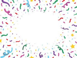 Frame with colorful confetti and stars. Modern flat vector illustration isolated on white background