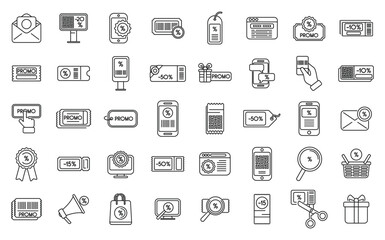 Promotional code icons set outline vector. Discount percent. Price sale