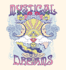MYSTICAL DREAMS.Retro 70's psychedelic hippie element illustration print with groovy slogan for man - woman graphic tee t shirt or sticker poster - Vector