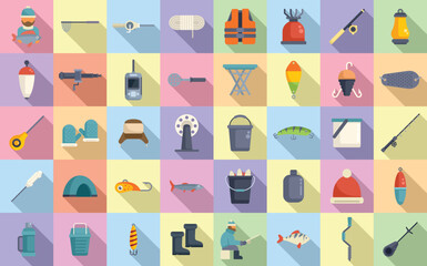 Fototapeta premium Ice fishing icons set flat vector. Winter frozen. Lake polar