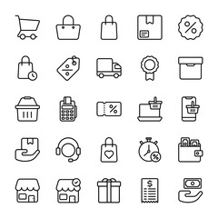 Shopping icons set. E-commerce icon collection. Cart, discount, promotion, shipping. Vector line style