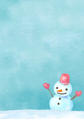 ブルー背景の手描きのかわいい雪だるま