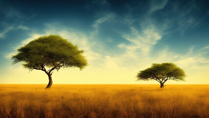 Naklejka na ściany i meble Beautiful shot of a tree in the savanna plains with the blue sky