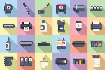 Cartridge filling icons set flat vector. Computer copier. Device digital