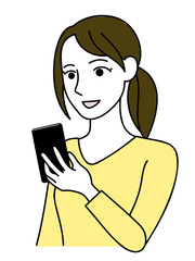笑顔でスマホを見る女性の上半身のイラスト