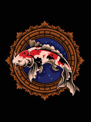 koi fish vector design with classic engraved circle background, editable color
