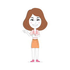 corporate woman gesture hand presenting a copy space. Vector illustration in cartoon style. Perfect for coloring book, textiles, icon, web, painting, children's books, t-shirt print.