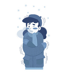 Vector winter illustration, the girl is shivering and freezing from the cold in winter. Weather forecast, cold, winter. Poster, advertisement, booklet.