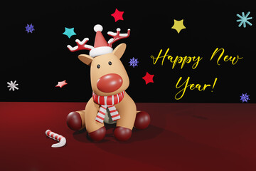 3D rendering of Santa Claus reindeer. Postcard with a funny deer in a Christmas hat among the stars and snowflakes