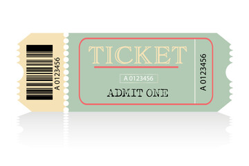 Cinema retro ticket with barcode. Movie ticket template. Realistic cinema theater admission pass mock up coupon. Vintage retro old ticket