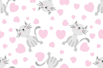 Seamless pattern with cute Kittens and hearts. Creative childish pink texture. Great for fabric, textile Vector Illustration
