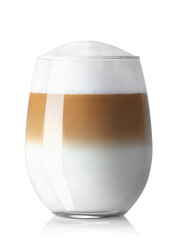 latte macchiato with milk foam in glass isolated on white