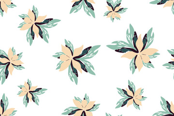 Simple retro green and beige leaves botanical seamless pattern on white background