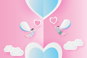 valentine lovely joyful on pink paper background concept. with text love 14 february, boy and girl fly with heart balloon, sky, vector. design for valentine card, gift, poster, paper cut, border, idea