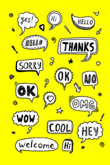 Set of cute speech bubble with text in doodle style Hello, ok, Bye, Hi on yellow. Vector