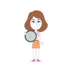 Corporate girl character holding a clock clip art vector isolated on white background. Perfect for coloring book, textiles, icon, web, painting, children's books, t-shirt print.