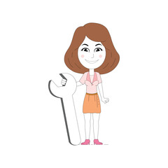 A Girl mechanic holding a spanner or wrench. girl character clip art vector isolated on white background.