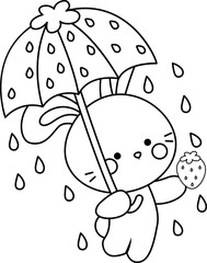 a vector of a bunny with a strawberry themed umbrella in black and white coloring