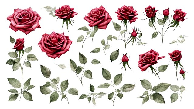 painted flowers and leaves, red flower on white background. Botanic illustration isolated on white background.