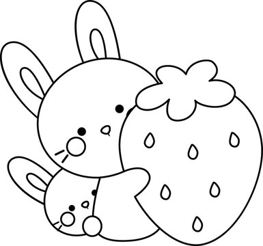 a vector of bunny and strawberry in black and white coloring