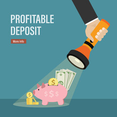 Businessman hand uses flashlight and illuminates piggy bank with savings in dark. Making money, good investment, profitable deposit. Search for opportunities for quick earnings.