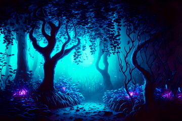 Night magical fantasy forest. Fantasy magical enchanted fairy tale landscape