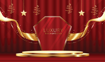 Luxury gold podium scene for product presentation vector. red luxury background.