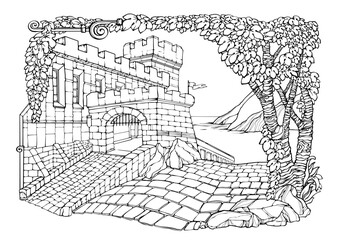 Romantic old town. Coloring Pages. Castle, pavement, plants. Vector illustration.
