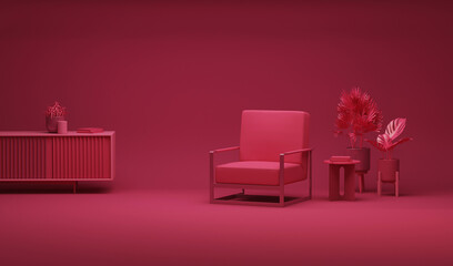 Viva magenta is a trend colour year 2023 in the living room.  Interior of the room in plain monochrome viva magenta color with furnitures and chair, plant pot. 3d render