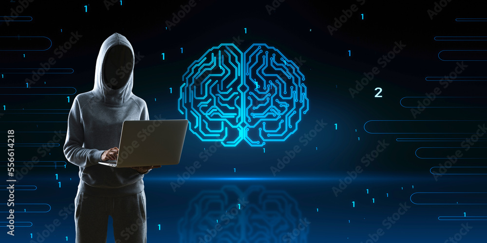Aufkleber Hacker using laptop computer with abstract glowing human brain hologram on blurry background. Neurology research, hacking, data theft and artificial intelligence concept.
