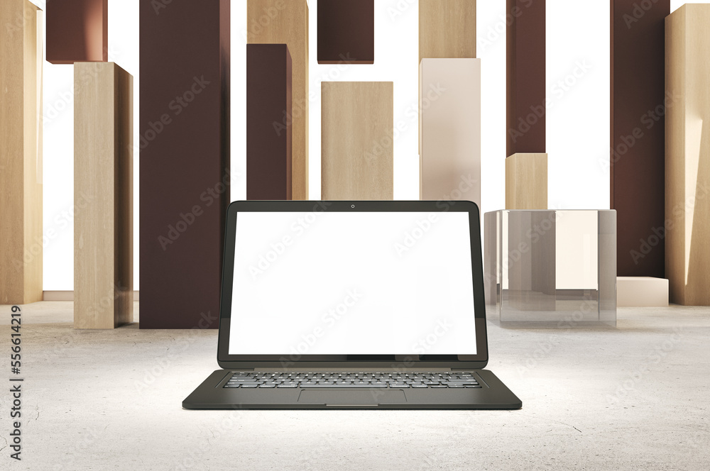 Poster Close up of laptop computer in spotlight and with empty white mock up monitor, placed on abstract geometric background. Product and device presentation concept. 3D Rendering.