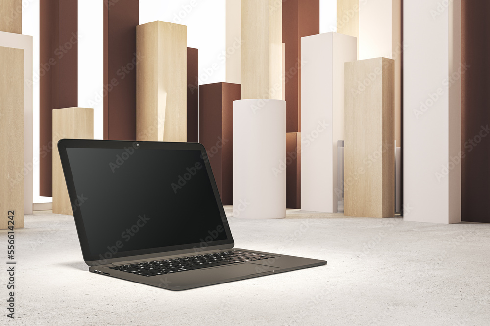 Poster Close up of laptop computer in spotlight and with empty mock up screen, placed on abstract geometric background. Product and device presentation concept. 3D Rendering.