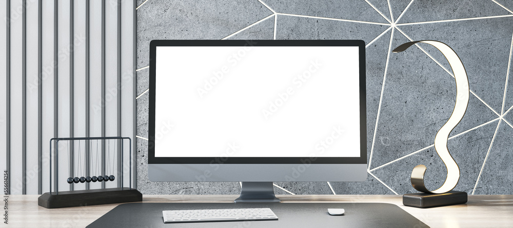Poster Close up of modern designer desk top with empty white computer monitor, various items and light concrete wall. Mock up, 3D Rendering.