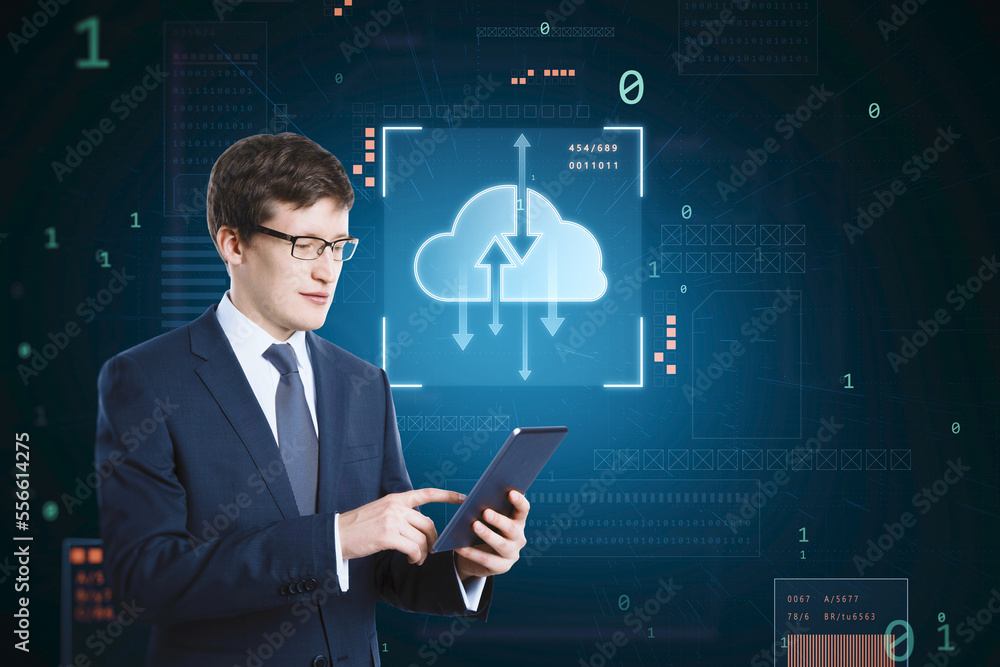Poster attractive thoughtful young european businessman using mobile phone with glowing digital cloud compu