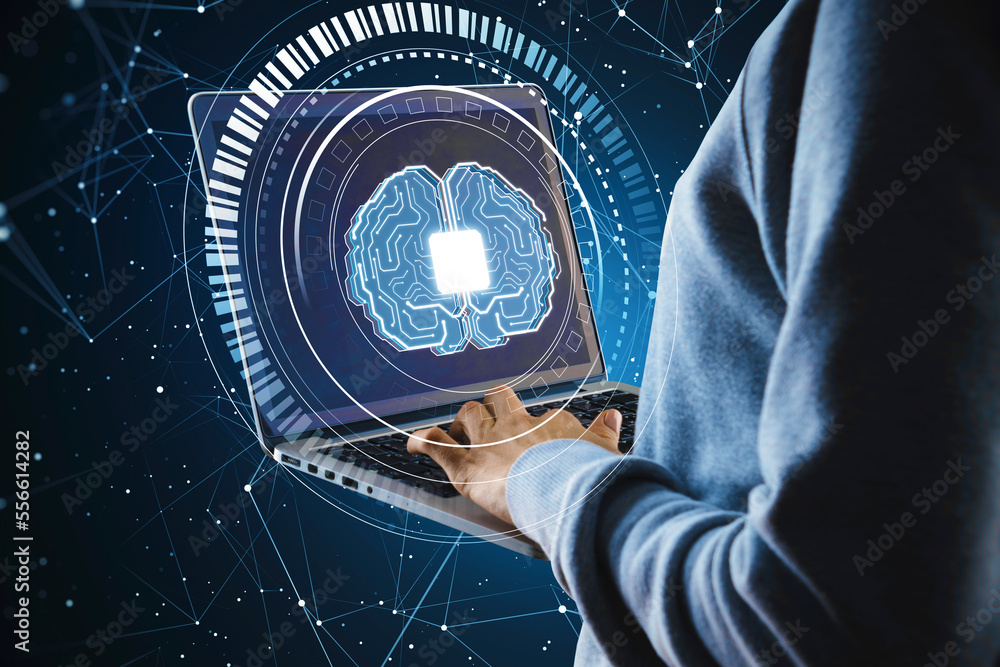 Aufkleber Close up of hacker hands using laptop with glowing polygonal chip and brain hologram on blurry dark background. AI, data theft, malware, metaverse and technology concept.