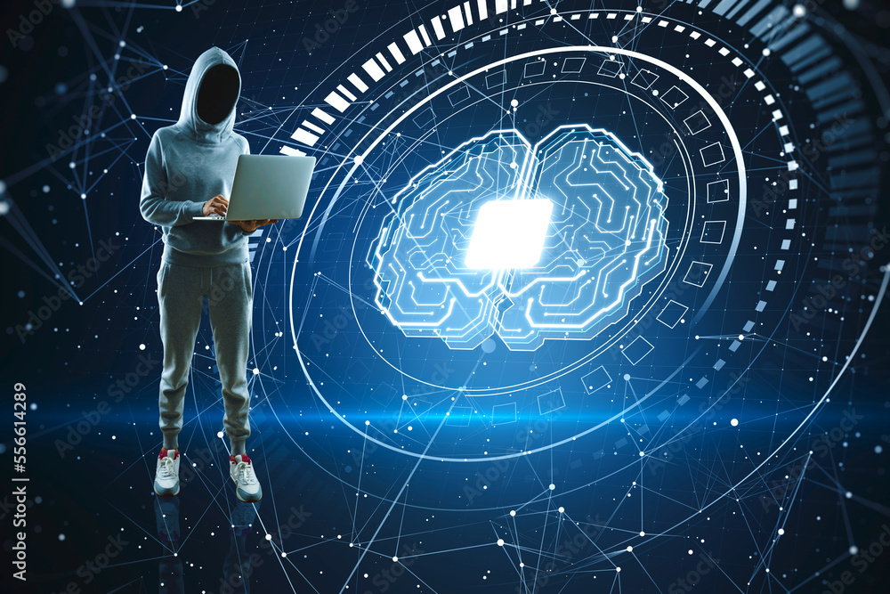 Poster Hacker using laptop computer with glowing polygonal chip and brain hologram on blurry dark background. AI, data theft, malware, metaverse and technology concept.